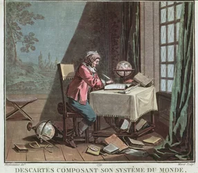 Rene Descartes (1596-1650) writing his world system, engraved by Jean Baptiste Moret, 1791